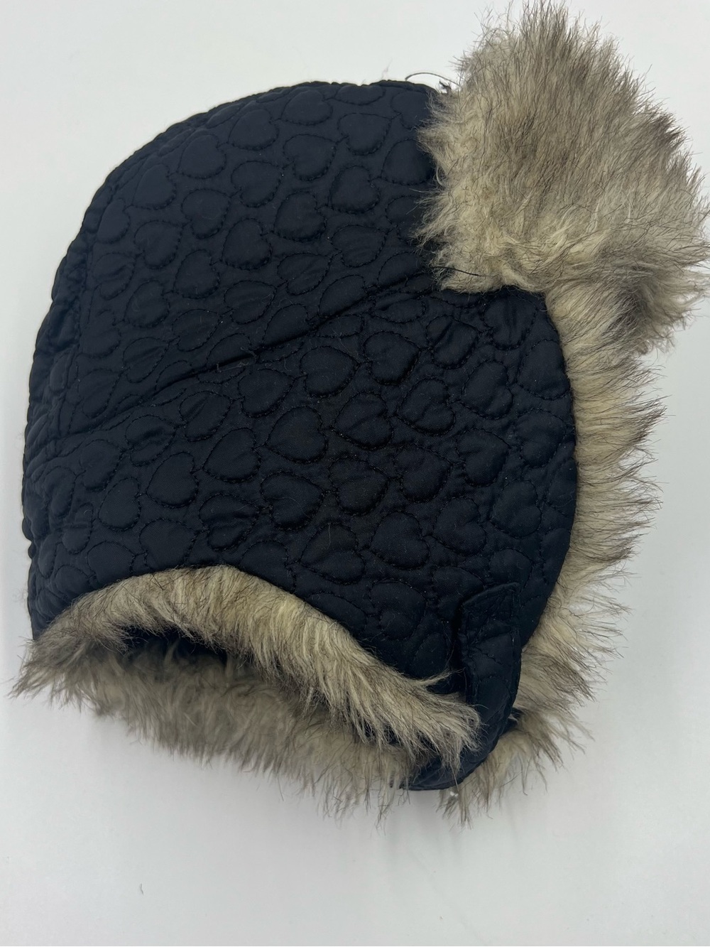Quilted Black Trapper Winter Hat with Faux Fur Trim One Size Kids